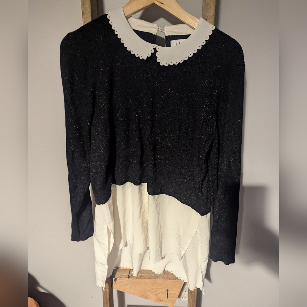 Elle Black and White Layered Effect Sweater  with Scalloped Collar